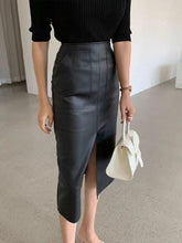 Spring Autumn Women Fashion High Waist Pu Midi Skrits Lady Slim Elegant Split Solid Color Faux Leather Skirts